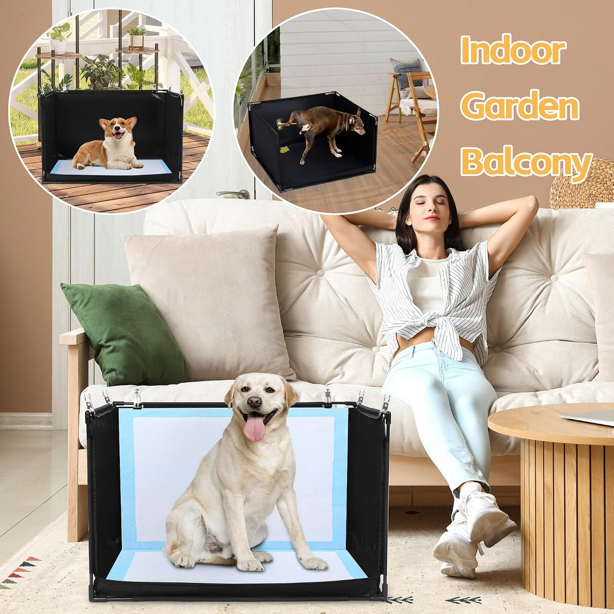 Dog Pee Pad Holder with High Walls, No-Spill Indoor Potty for Large Dogs, Foldable Puppy Litter Box, Patent Pending (33.8" L x 28" W x 17.7" H)