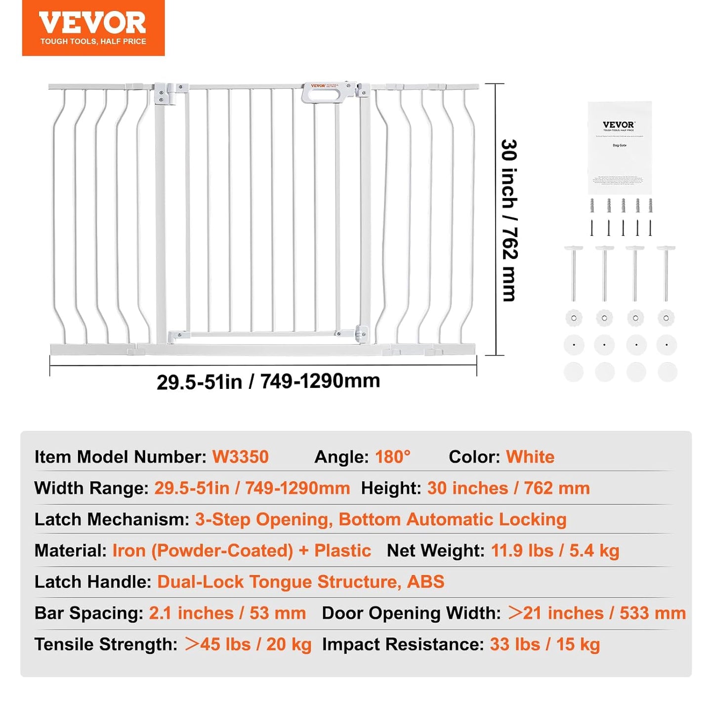 29.5-51" Extra Wide Safety Gate for Stairs, Auto Close Dog Gate for The House, Easy Install Pressure Mounted Pet Gates for Doorways, Easy Walk Thru Wide Safety Gate for Dog, Black