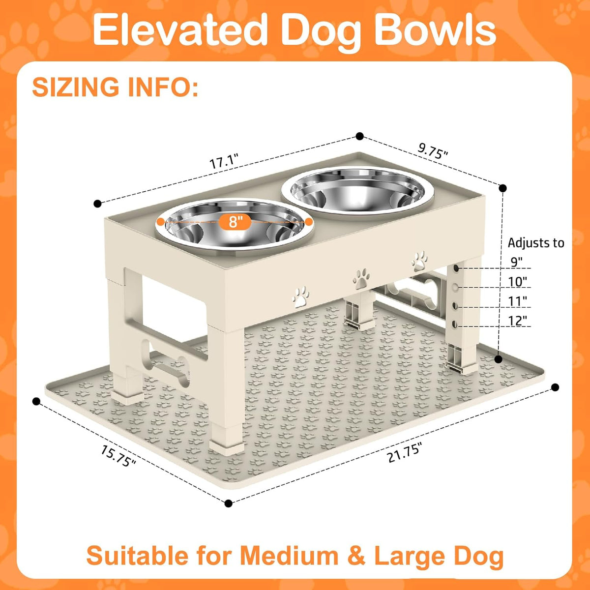 Elevated Dog Bowls with 2 Stainless Steel Bowls, 5-Height Adjustable Stand (3.1", 9" to 12"), for Improved Digestion & Neck Support, Easy Clean, Non-Slip Base Raised Feeder for Medium Large Dogs