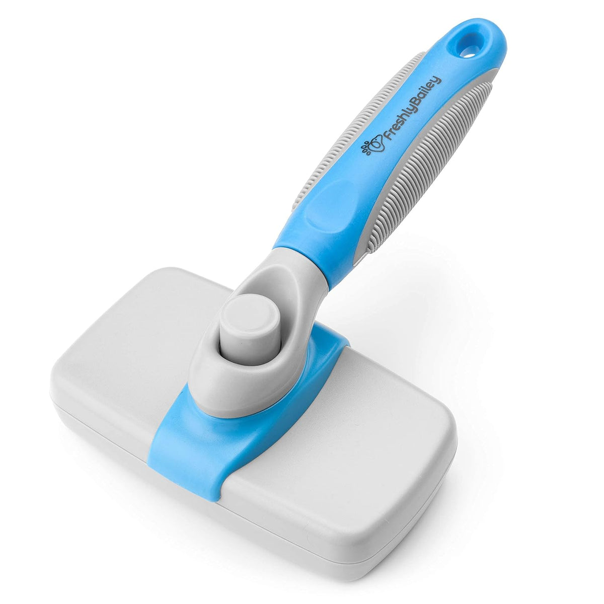 Self Cleaning Slicker Brush for Dogs and Cats - Hair Brush for Medium to Long-haired Pets - Effective, Comfortable, and Easy to Clean - White and Blue | Pet hair brush for medium- to long-haired dogs and cats; easy to clean. White and blue.