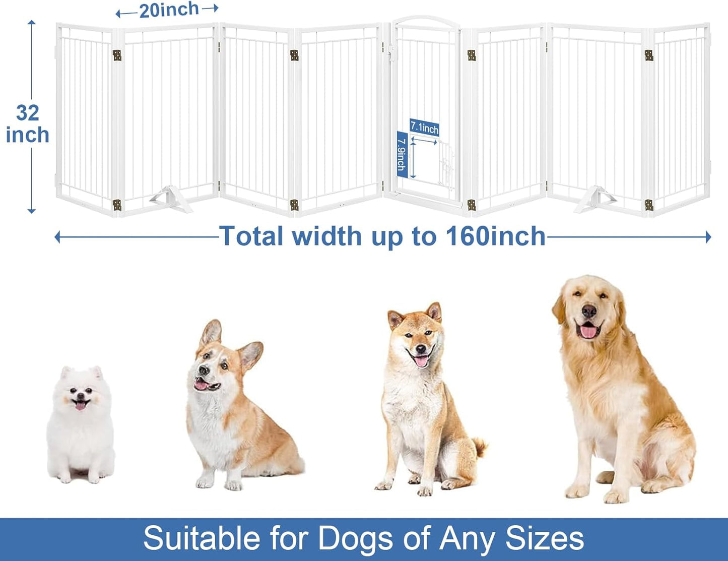 Full Metal Freestanding Dog Gate with Cat Door for Indoor & Outdoor,36" Tall Foldable Dog Fence,80" Extra Wide Free Standing Pet Gate for Large Openings,Stairs,Deck,Yard,Doorways(Black)