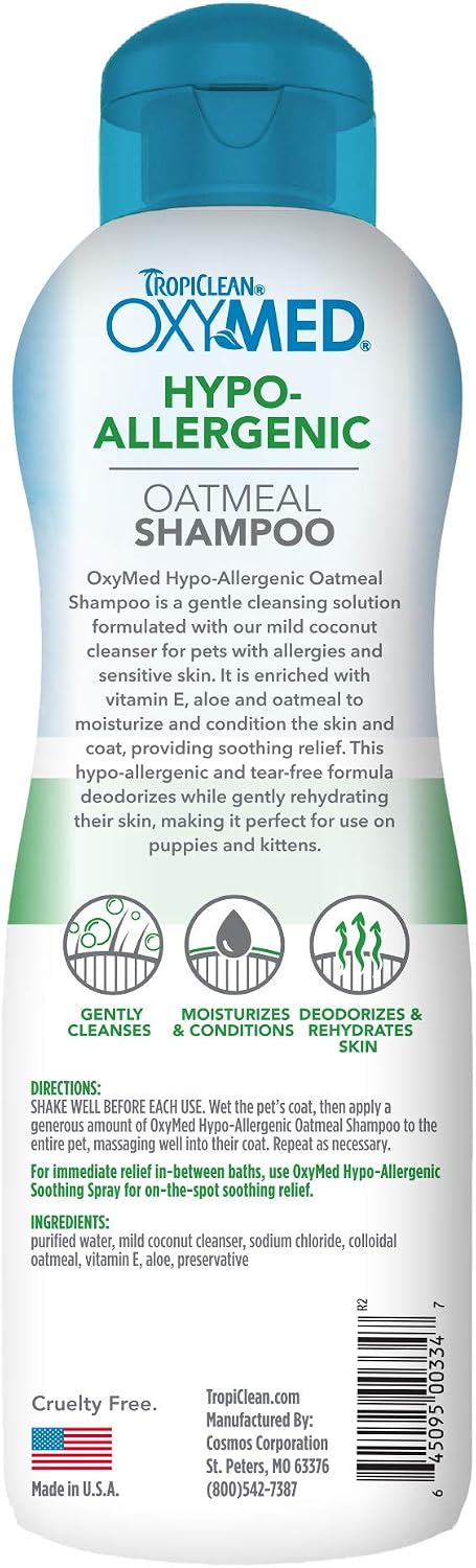 OxyMed Hypoallergenic Dog Shampoo for Allergies and Itching, Skin Soothing Shampoo for Pets with Sensitive Skin, Tearless, Cat Safe, 20oz.