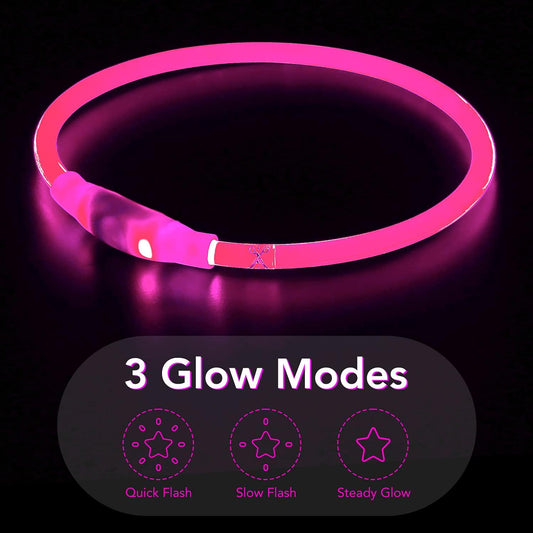 Light Up Dog Collar, USB Rechargeable LED Glow, Pink