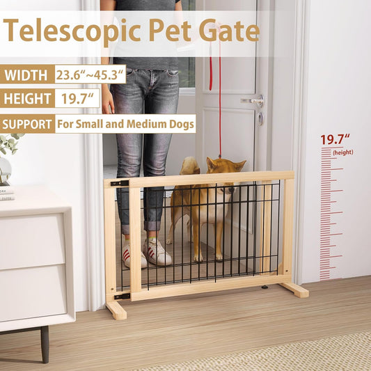 YOCAN Adjustable Wide Dog Gate for Doors, Hallways & Stairs – 19.7" Tall, 23.6–45.3" Expandable Freestanding Pet Safety Gate, No Drill Pressure Mounted Wood & Metal Frame (Black/Natural)