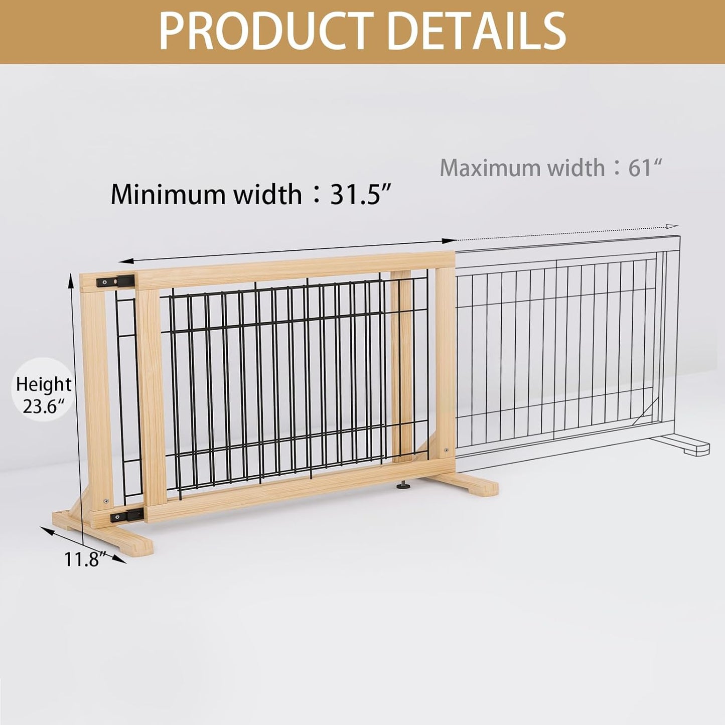 YOCAN Adjustable Wide Dog Gate for Doors, Hallways & Stairs – 19.7" Tall, 23.6–45.3" Expandable Freestanding Pet Safety Gate, No Drill Pressure Mounted Wood & Metal Frame (Black/Natural)