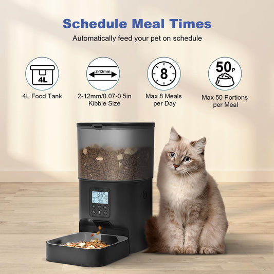 Automatic Cat Feeder, 4L Cat Food Dispenser with 10s Voice Recorder, Pet Feeder up to 8 Meals per Day, Timed Dog Feeder with Dry Food Sealed Ring
