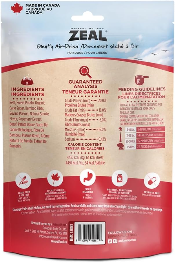Natural Beef Jerky Tenders for Dogs, 100% Real Canadian Beef, High Protein 24%, Soft Training Treats, Air-Dried, Grain Free, Made in Canada, 10oz