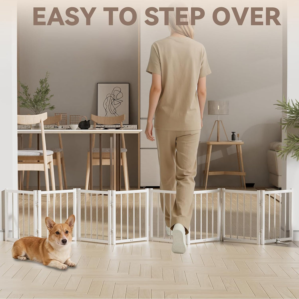 16" Freestanding Short Dog Gate for Small Dogs – Foldable & Retractable, Expands Up to 72" Wide, 6-Panel Pet Barrier for Doorways, Stairs & Hallways (White)