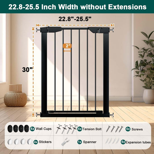 22.8"-25.5" Narrow Baby Gate for Doorways, Pressure Mounted Auto-Close Pet Gate for Small Walk Thru and Hallway, Tension Safety Child Gate No Drill, No Extensions, Black