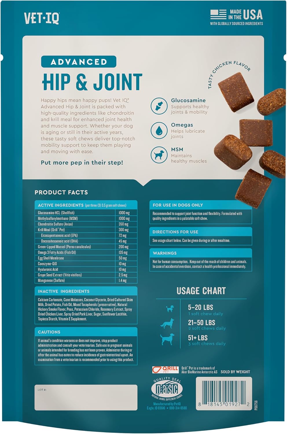 VetIQ Glucosamine Hip & Joint Supplement for Dogs, 180 Soft Chews, Joint Support Supplement with MSM and Krill, Dog Health Supplies Large & Small Breed, Chicken Flavored Chewables