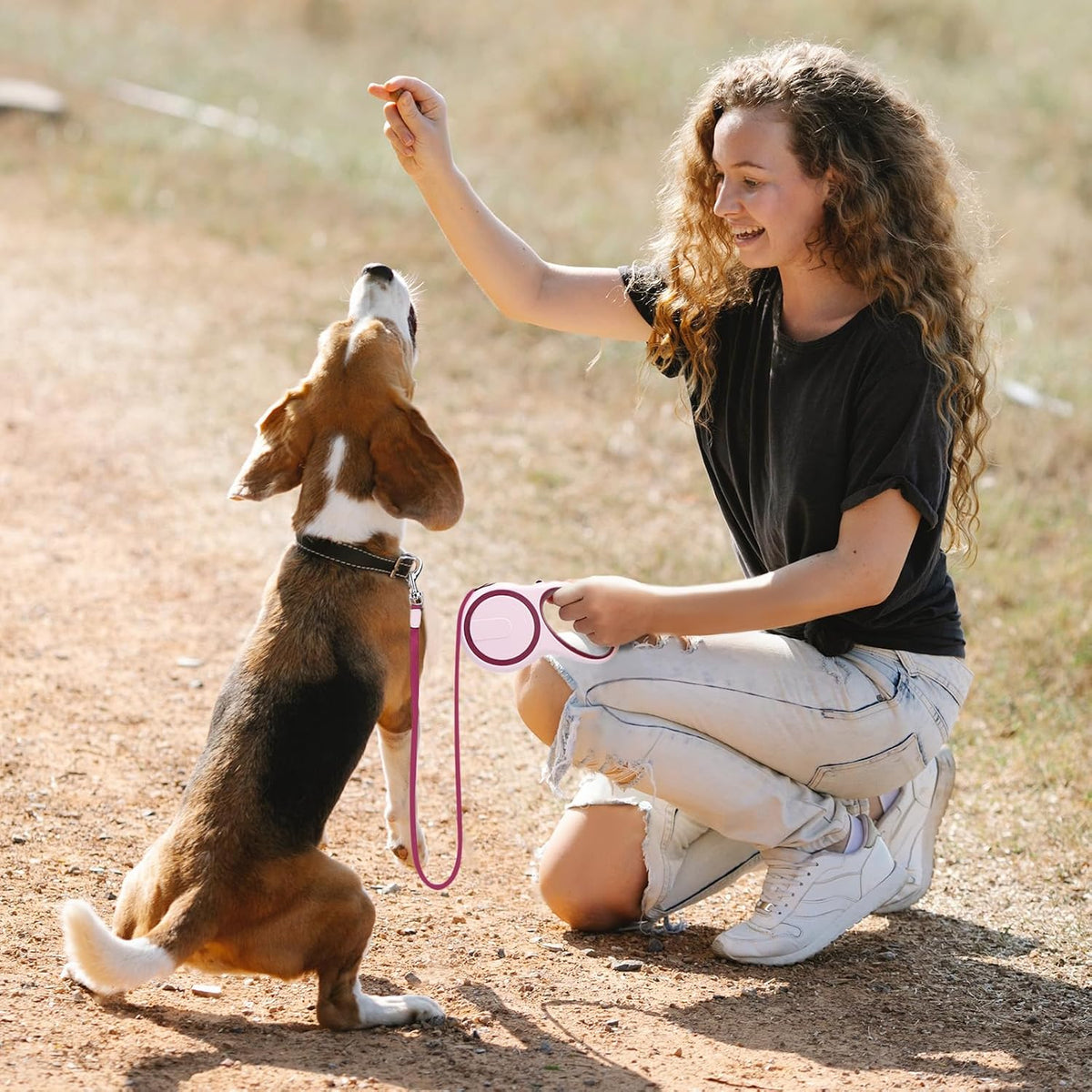 26ft Dog Leash Retractable, 8m Dog Leads Long for Medium Large Breed Pets 44-110Lbs, No Tangle Nylon Tape and 1 Button Break & Lock Heavy Duty Leash for Training Running, Pink