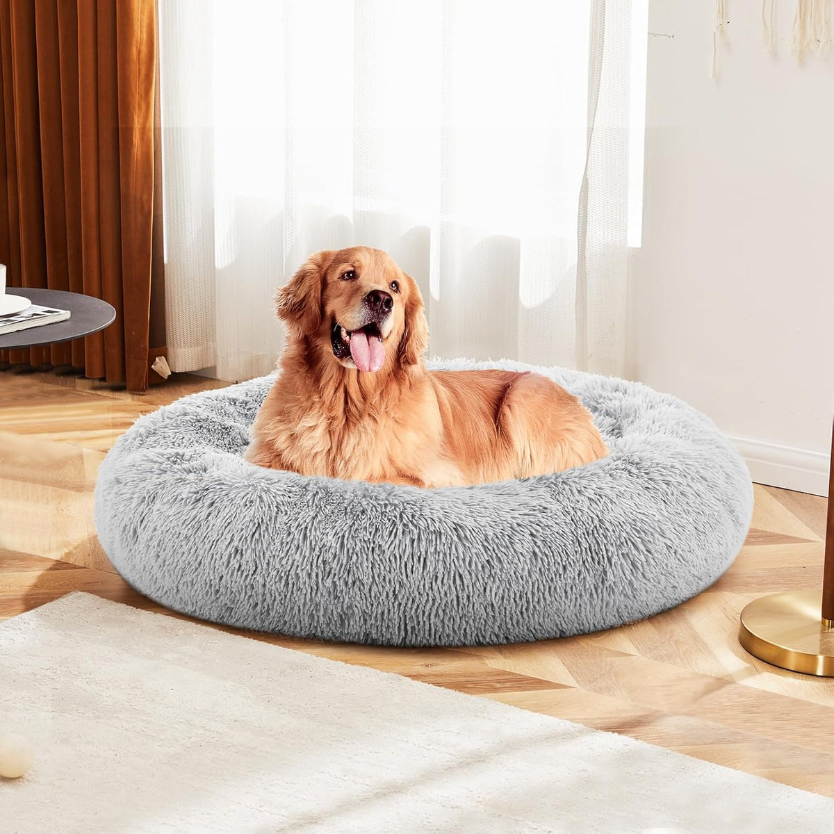 DUMOS 30.7 Inch Large Donut Dog Bed for Indoor Use, Fluffy Faux Fur Plush