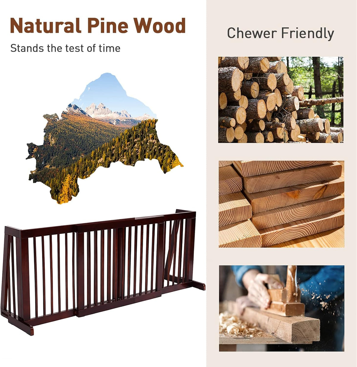 Freestanding Dog Gate, 28-81 Inch Folding Expandable Indoor Puppy Fence w/Widening Feet, Extra Wide Pet Gates, Wood Barrier, Step Over Dog Door for The House, Doorways, Stairs