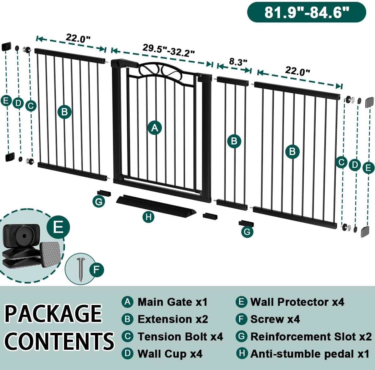 76.4"-81.8" Extra Wide Baby Gate for Stairs Doorways, Pressure Mount Pet Gate Auto Close Safety Child Gate, Long Large Dog Gate Indoor for House, 77 78 79 80 81 Inches Wide, Black