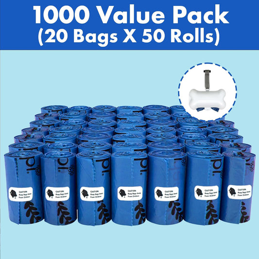 1000 Dog Poop Waste Bags with Dispenser and Leash Tie, 9" x 13", Blue, 1000 Count