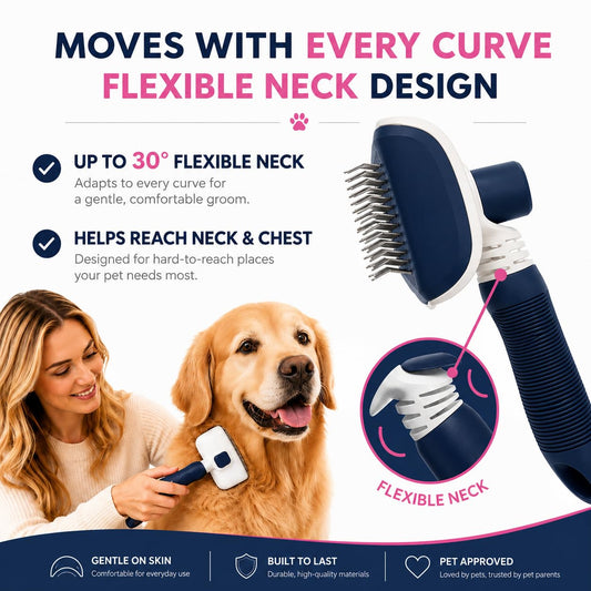 Self-Cleaning Flexible Neck Slicker Brush for Dogs & Cats, Grooming Brush for Deeper Reach with Long Stainless Steel Bristles, Deshedding & Detangling, Daily Use for Sensitive Skin