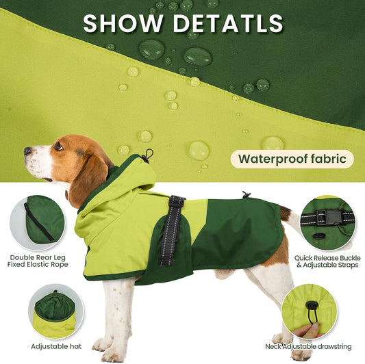 Dog Raincoat, Waterproof Rain Jacket with Hood, Green, S