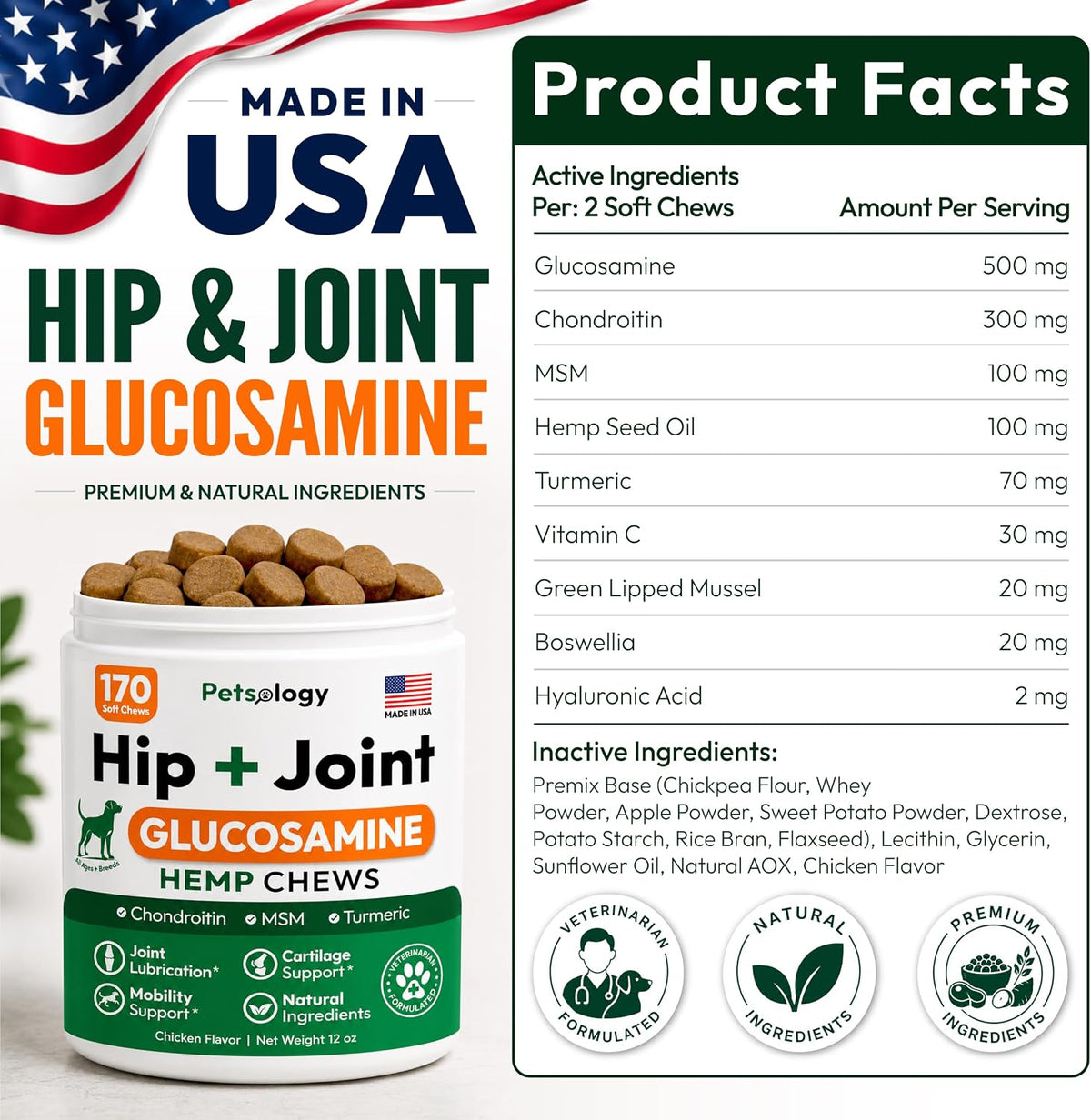 Glucosamine for Dogs - 250 Chews with Chondroitin, Hip and Joint Supplement