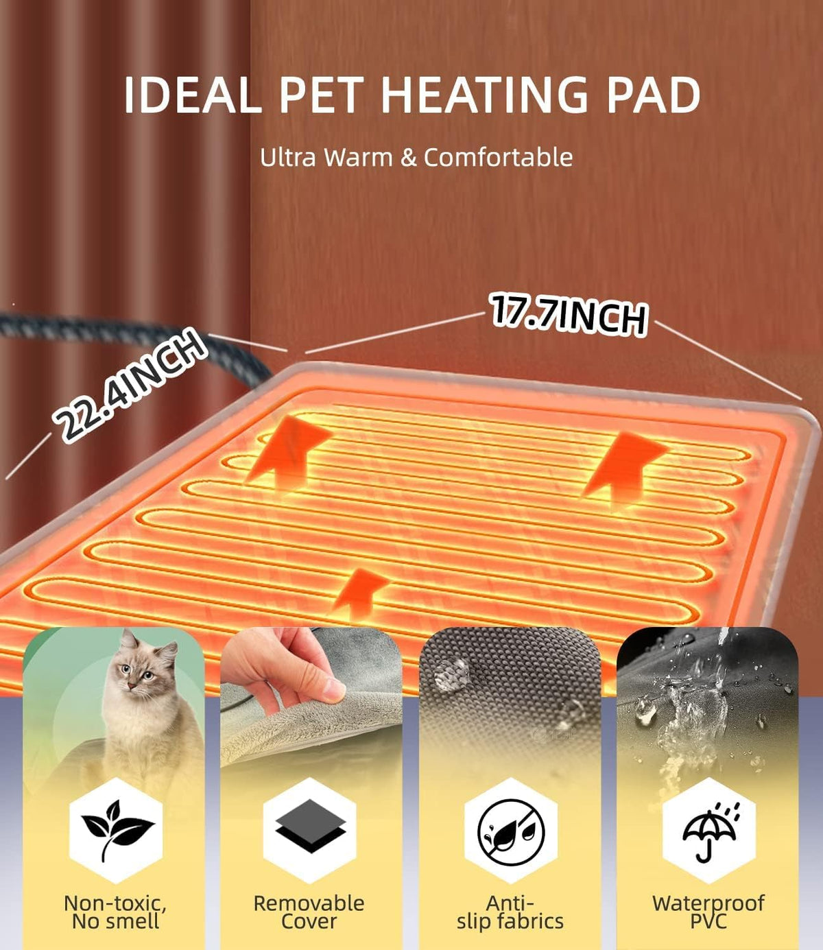 Dog Cat Heating Pad Pressure Activated 18 X 22 Pet Heat Pack Automatic Electric Heated Bed Mat for Indoor Warming Pad Chew Resistant Cord, Adjustable Temperature Waterproof Washable