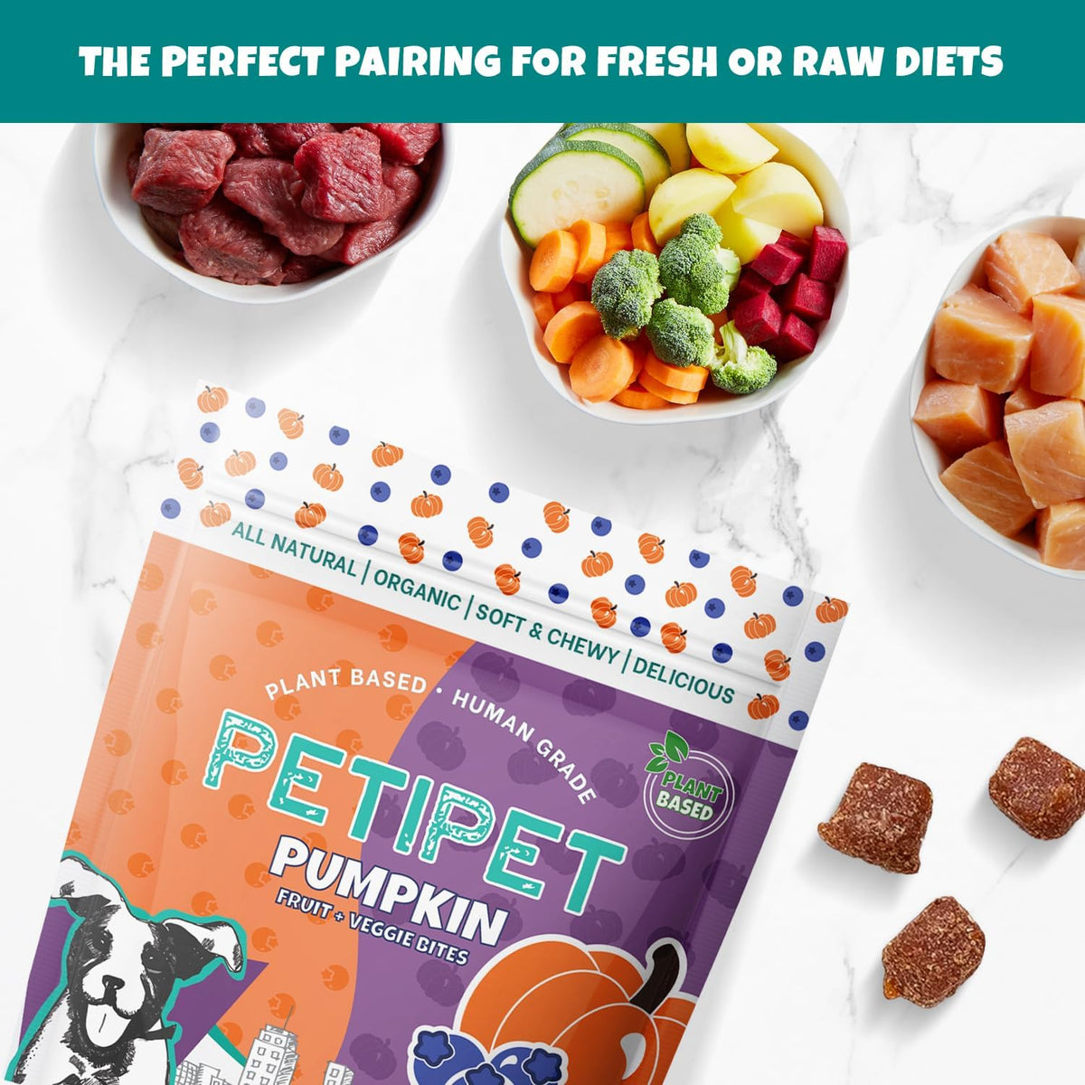 Apples+Carrots Plant-Based Fruit Dog Treats - Carrot and Apple Soft & Chewy - Healthy Vegetarian, Vegan Dog Treats with Organic Ingredients - Low-Protein, Hypoallergenic, Gluten-Free