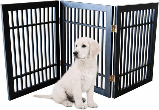 Freestanding Wooden Dog Gate Foldable Indoor Pet Gate No Drill Expandable Barrier for Doorways Stairs Hallways Portable Wood Fence for Small Dogs & Puppies (Brown Pet Gate, 4 Panel 24" Tall)