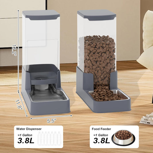 Stainless Steel Cat Feeder and Water Dispenser,Gravity Waterer & Food Feeder Set with Stainless Steel,Large Capacity Pet Food Bowl for Small Medium Dog Pets Puppy Kitten(Grey,1 Gallon)