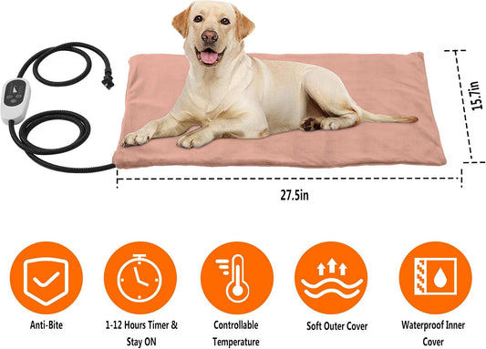 Pet Heating Pad for Puppy Cat Dog-6 Adjustable Temperature & 5 Timer-27.5x15.7in Waterproof Cat Dog Heating Pad with Chew-Resistant Cord-Heated Pad for Indoor Pets,Older,Pain Relief(Brown)