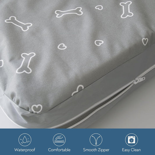 Waterproof Dog Bed Cover, Grey Bone Print 27 x 36 x 4 Inch, Cover Only | Removable Dog Bed Covers Replacement Washable with Smooth Zipper, Indoor/Outdoor, for Dog/Cat