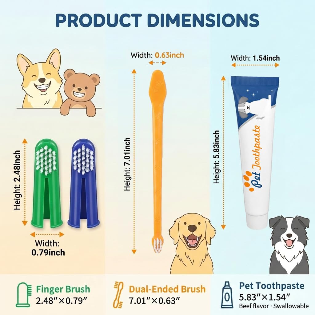 Dog Toothbrush Kit of 4,Pet Supplies with Beef-Flavored Pet Toothpaste,Facilitating Teeth Cleaning and Oral Care, Dual Head/Finger Toothbrush for Small to Large Cats,Dogs and Most Pets