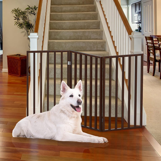 Pet Gate - 3-Panel Indoor Foldable Dog Fence for Stairs, Hallways, or Doorways - 54x32-Inch Wood Freestanding Dog Gates (White)