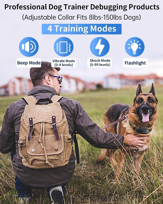Dog Shock Collar with Remote Control - Rechargeable Dog Training Collar, IPX7 Waterproof E Collar for Dogs with 4 Safe Modes Flashlight Beep Vibration Shock Ideal for All Dog Sizes (8-150lbs)
