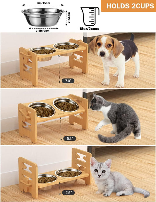 Elevated Dog Bowls, Adjustable Bowl Stand Medium, Rustic Brown | Particle Board Raised Dog Bowl Stand with 2 Stainless Steel Bowls for Medium Dogs