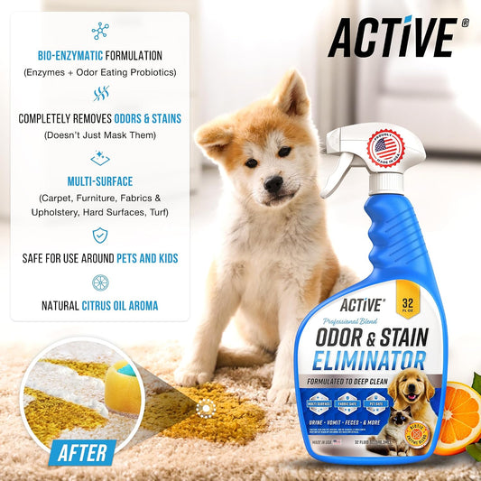 Pet Odor and Stain Eliminator - 32 oz Enzyme Cleaner for Dog & Cat Urine, Stain Remover Spray for Carpet, Upholstery, Hardwood, Spot Cleaning, Deodorizer for Dogs Cats Pets - Natural Citrus Oil