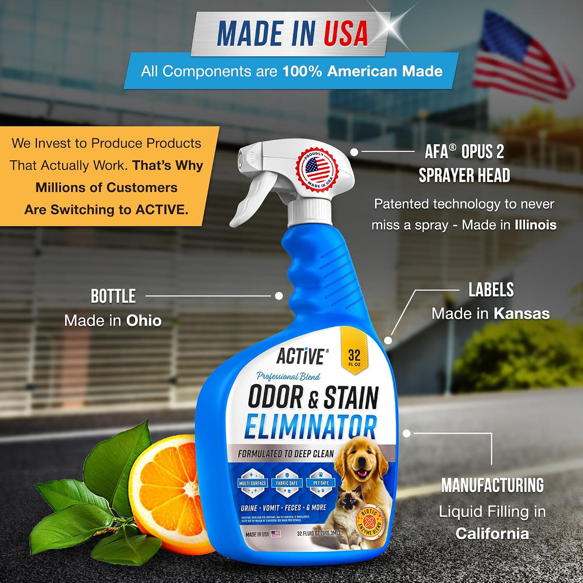 Pet Odor and Stain Eliminator - 32 oz Enzyme Cleaner for Dog & Cat Urine, Stain Remover Spray for Carpet, Upholstery, Hardwood, Spot Cleaning, Deodorizer for Dogs Cats Pets - Natural Citrus Oil