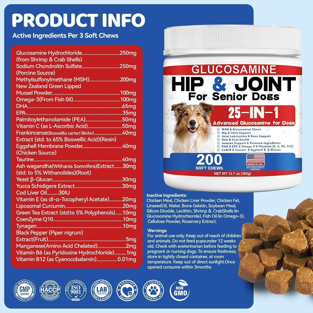 Glucosamine for Dogs Hip and Joint Supplement - 25-in-1 Hip and Joint Chews for Dog with MSM, Green Lipped, Turmeric, Yeast, Omegas, Vitamins| Mobility Support for All Ages & Sizes Dogs,200 ct