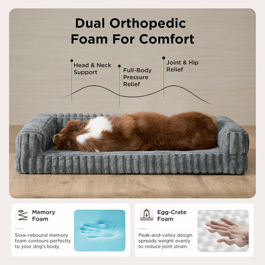 ComfyFleece™ Memory Foam Orthopedic Dog Beds Large Sized Dog 35" | Comfort Egg-Crate Foam Couch Sofa, Washable Corduroy Cover,Cozy Bolstor Waterproof Pet Bed with Sides,Non-Slip Bottom,Grey