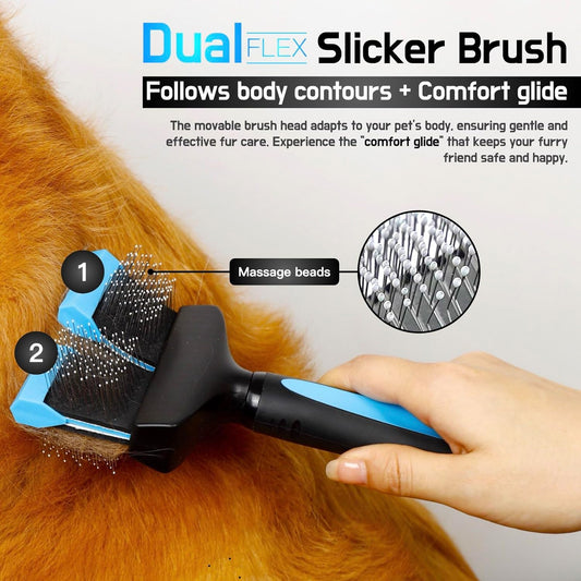 Dual Flexible Head Slicker Brush, Round Tipped Pins, Double Sided | For Dogs and Cats, Grooming Tool Removes Loose Undercoat, Helps Reduce Shedding, and Detangles Knots and Tangles