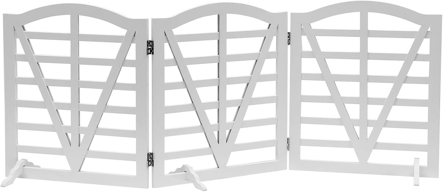Wooden Dog Gate Freestanding Pet Gate Foldable Pet Gate for Dogs,Indoor Dog Fences with 3Foot Supportershite,3Pane 23.6" Height-White.