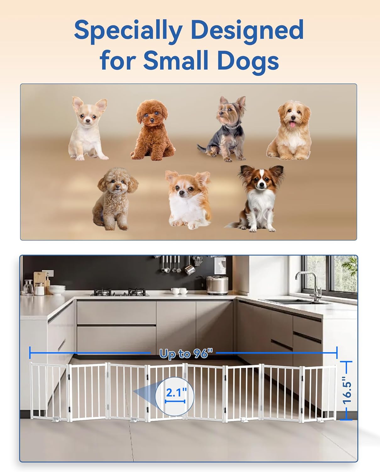 Free Standing Dog Gate, 16.5" Short Pet Gate for Stairs and Doorways, Up to 48" Wide Foldable Puppy Fence, Indoor & Outdoor Use, No Drilling and No Assembly, for Small & Toy Dogs, Black