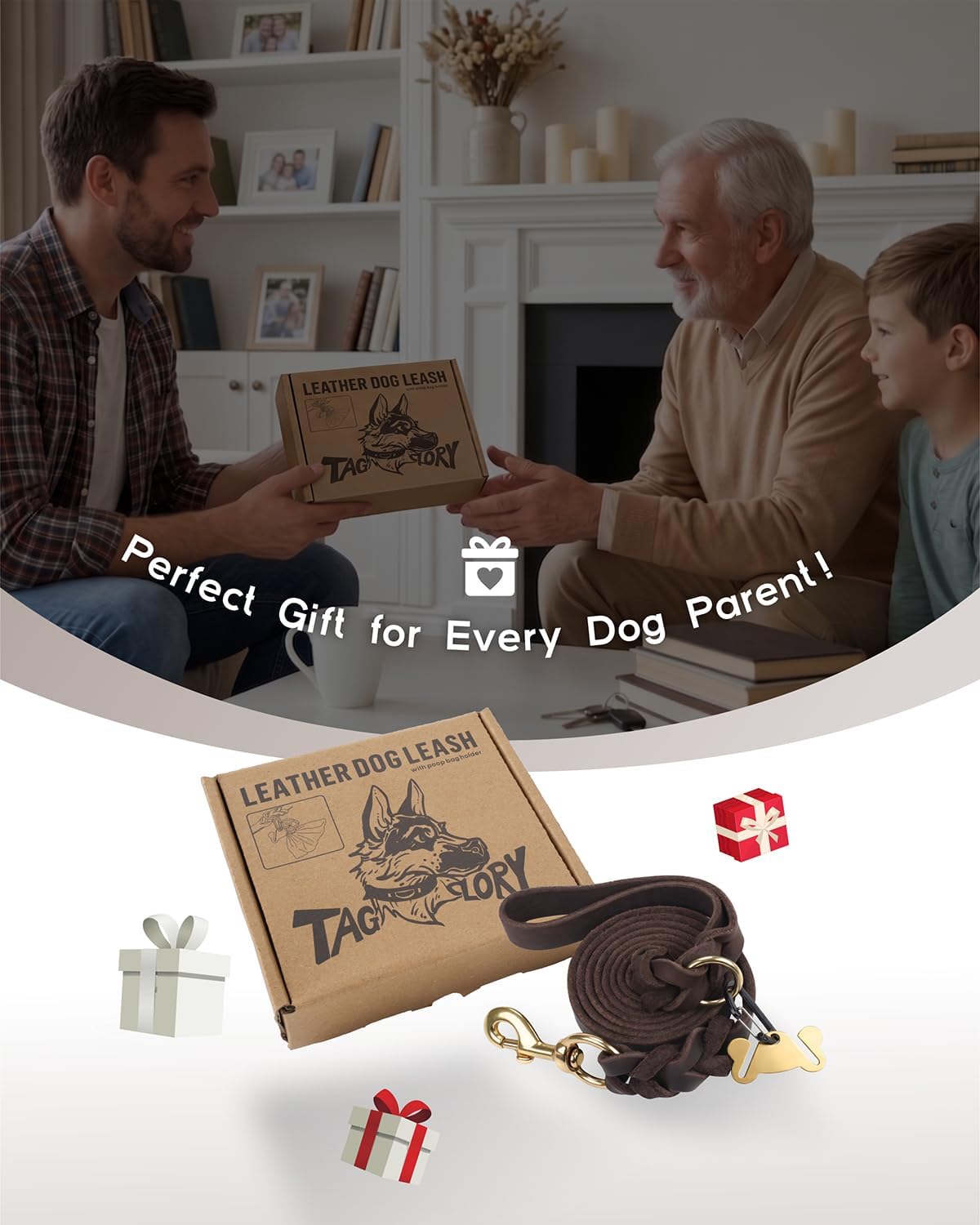 Leather Dog Leash for Large Medium Dogs, Hand-Braided, 6FT Brown