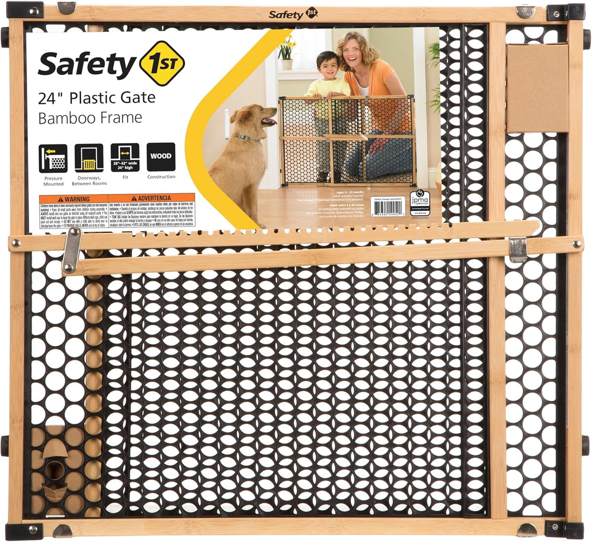 Bamboo Baby Gate for Doorways, No Drill Easy Install, Dog Gates, Fits 28"-42", 24" High, Bamboo and Black