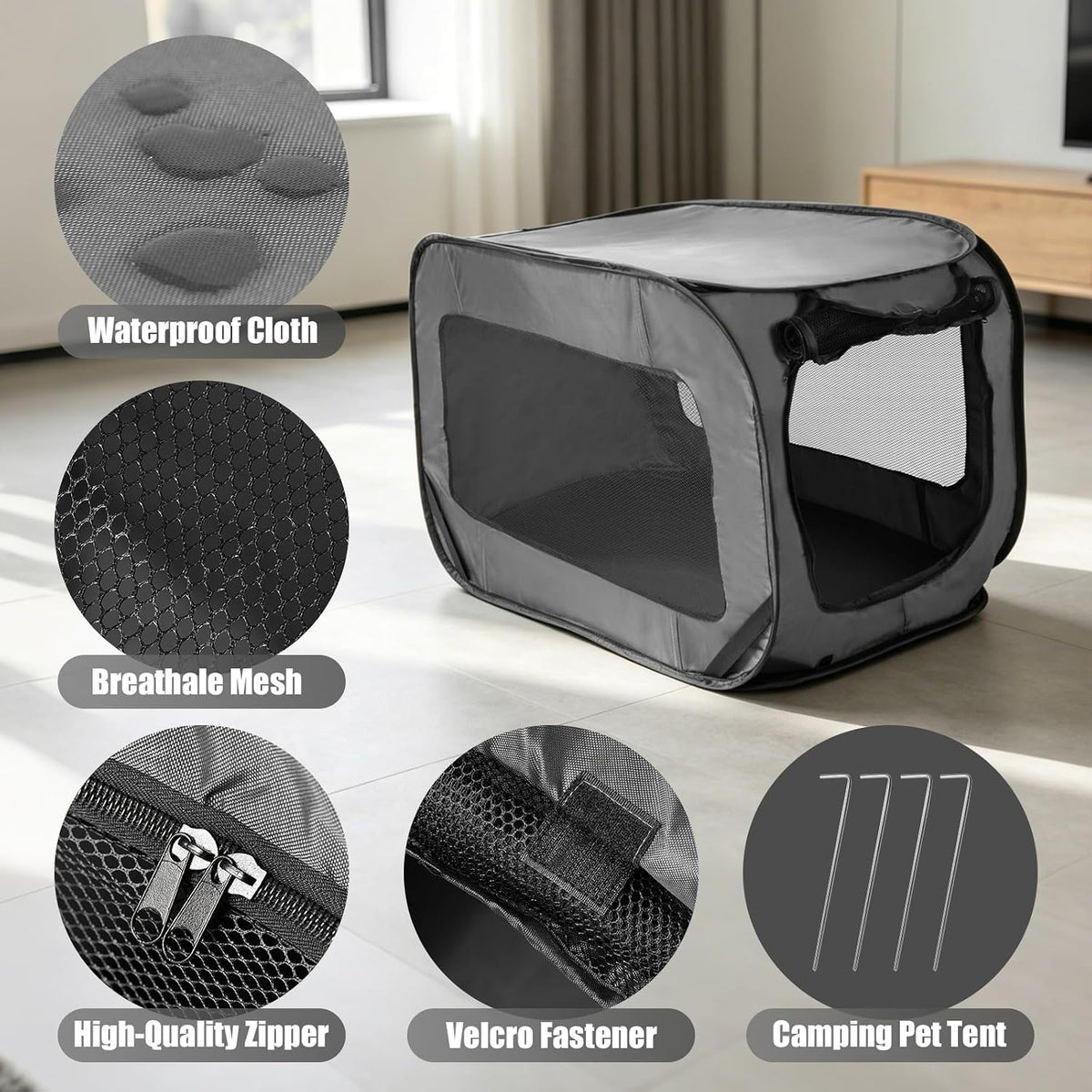 Foldable 36" Dog Crate for Medium Dogs, Portable Waterproof Pop-Up Pet Kennel with Zipper, Collapsible Lightweight Indoor Outdoor Travel Cage with Tie-Down Straps & Ground Nails (Grren)