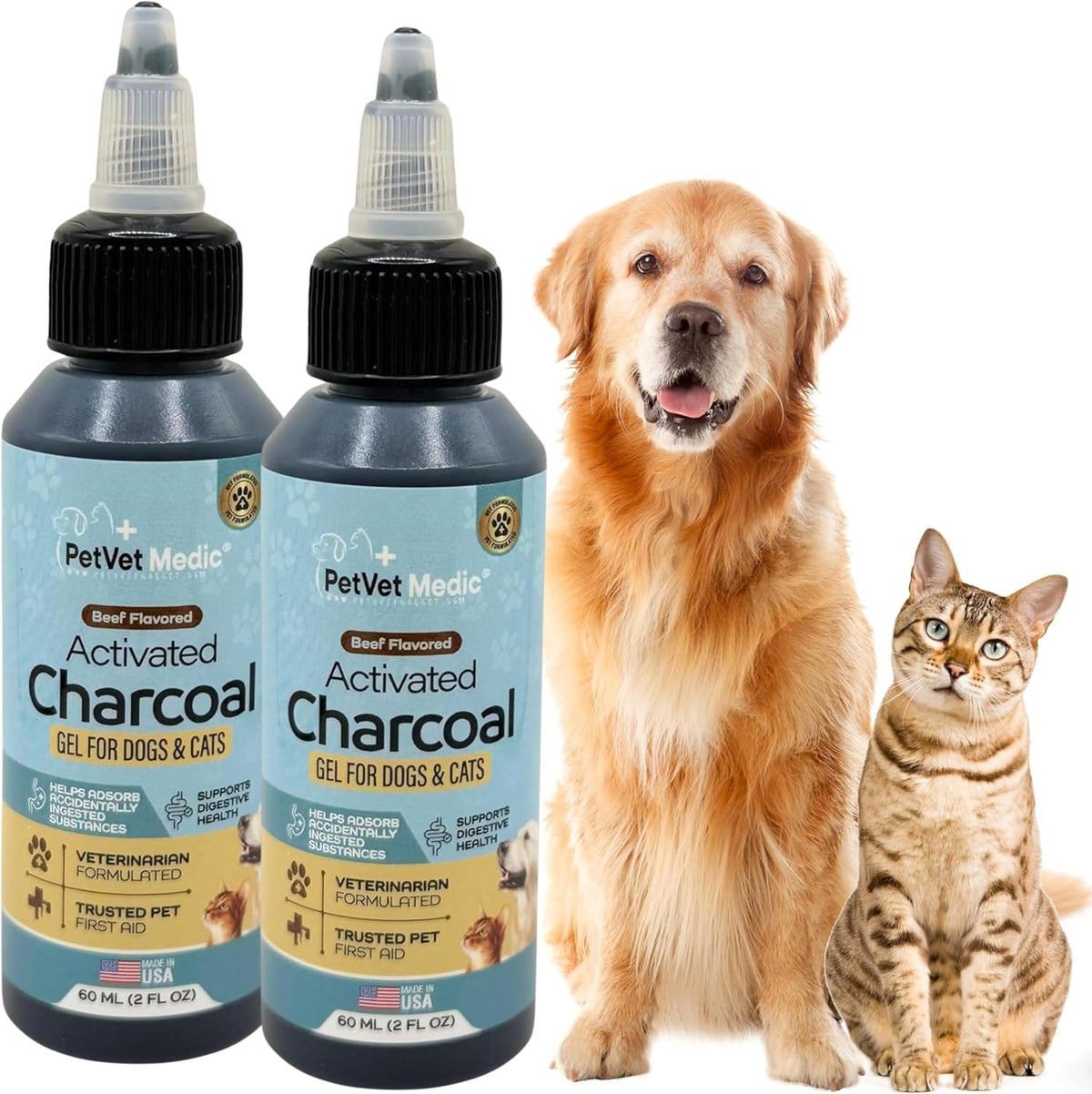 Pet Vet Activated Charcoal for Dogs & Cats Gel, Beef Flavor, Made in USA, 60ml Bottle