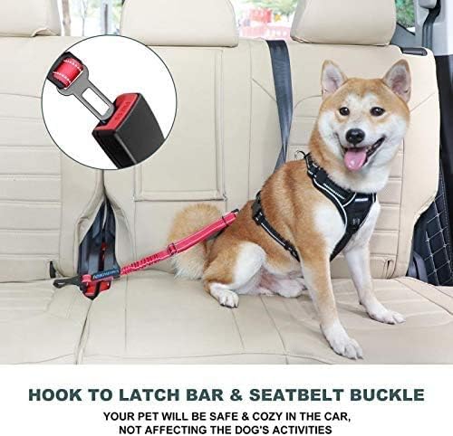 Dog Seat Belt 3-in-1 Car Harness for Dogs Adjustable Safety Seatbelt for Car Nylon Reflective Bungee Fabric Dog Car Harness with Clip Hook Latch & Buckle, Swivel Zinc Alloy Carabiner (Black)
