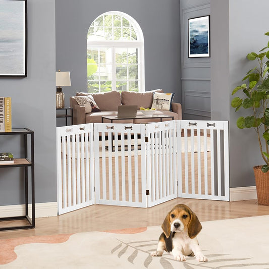 36”H Free Standing Pet Gate for Dog, Tall Wooden Dog Gate, 80” Wide | Foldable Pet Fence for Doorway, Stairs, Step, Expandable Doggy Barrier, Room Divider, Indoor Use, White