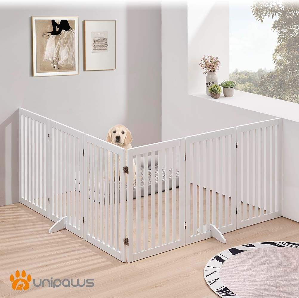 36”H Free Standing Pet Gate for Dog, Tall Wooden Dog Gate, 80” Wide | Foldable Pet Fence for Doorway, Stairs, Step, Expandable Doggy Barrier, Room Divider, Indoor Use, White