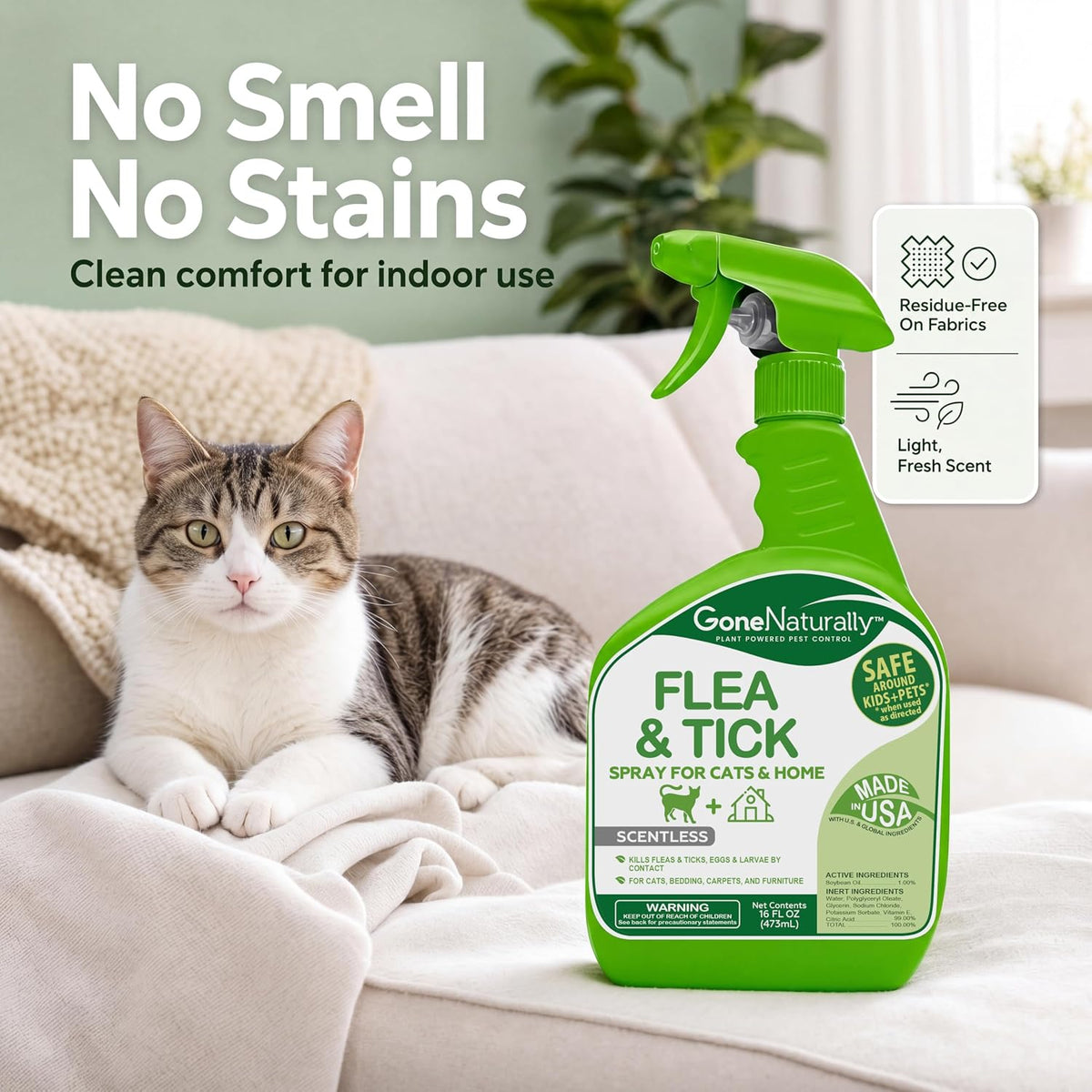 Flea and Tick Spray for Dogs & Home – Scentless Dog Flea Spray for Home, Carpets & Furniture – No Essential Oils – Kills Fleas, Ticks, Eggs & Larvae on Bedding & Direct on Fur (16oz)