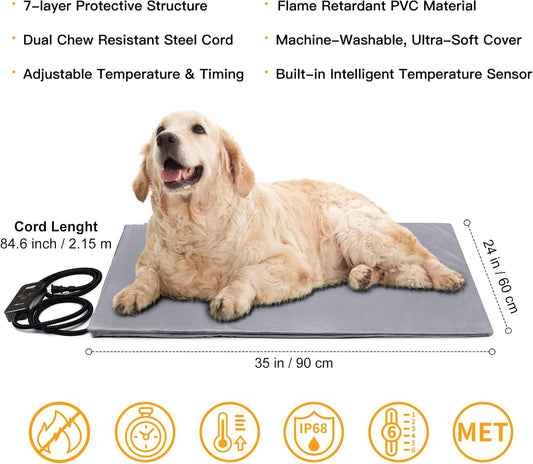 Heated Pet Mat, Large Dog & Cat Heating Pad, 35 x 24 in, Waterproof