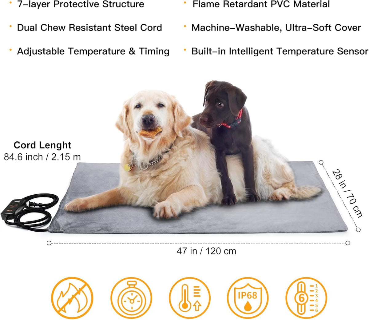 Heated Pet Mat, Large Dog & Cat Heating Pad, 35 x 24 in, Waterproof