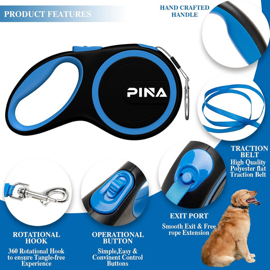 Retractable Dog Leash, 26ft Dog Leash for Small Medium Large Dogs Up to 110lbs, 360° Tangle-Free Strong Reflective Nylon Tape, with Anti-Slip Handle, One-Handed Brake, Lock - Black Blue